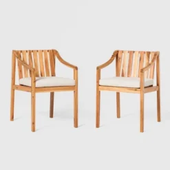 Saracina Home 2pk Mid-Century Modern Slatted Outdoor Acacia Arm Chairs With Cushions -Outdoor Garden Store GUEST 0016f698 7c55 460b bf1f 8be1b164e811