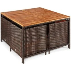 Costway 9PCS Acacia Wood Patio Rattan Dining Set Cushioned Chairs Ottoman -Outdoor Garden Store GUEST 003bc000 9729 4dc3 8bdc 1a0a261b7078