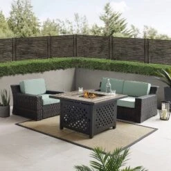Beaufort 3 Pc Outdoor Wicker Conversation Set Loveseat And Chair With Fire Table - Mist/Brown - Crosley -Outdoor Garden Store GUEST 011db622 53a1 490d b611 c25221f76ff6