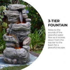 Teamson Home 39.37" Outdoor Faux Stone 4-Tier Water Fountain With LED, Gray