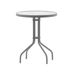 Emma And Oliver 23.75'' Round Glass Top Metal Table With 2 Aluminum Slat Stack Chairs -Outdoor Garden Store GUEST 050e6e6c 48bc 4fc1 9b00 ac2ae9e3b1fd