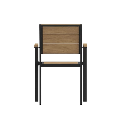 Emma And Oliver Outdoor Stacking Side Chair With Faux Teak Poly Slat Seat, Back And Arms And Metal Frame 8 Emma And Oliver Outdoor Stacking Side Chair With Faux Teak Poly Slat Seat, Back And Arms And Metal Frame - Image 8