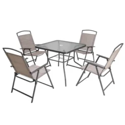 5pc Outdoor Steel Dining Set With Folding Chairs & Square Glass Table Top Beige - Crestlive Products