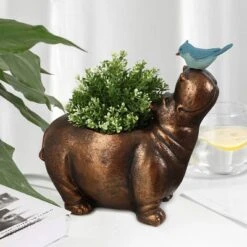 LuxenHome Brown Hippo And Blue Bird MgO Flower Pot Planter -Outdoor Garden Store GUEST 0900ed12 54c2 47a1 8acc 02f0d0b7a032