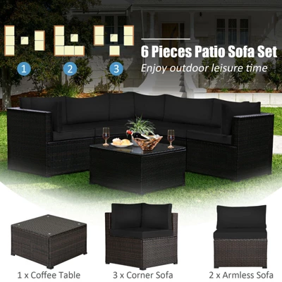 Tangkula 6 PCS Patio Rattan Furniture Set Outdoor Wicker Conversation Sofa Set W/Tempered Glass Coffee Table 2 Tangkula 6 PCS Patio Rattan Furniture Set Outdoor Wicker Conversation Sofa Set W/Tempered Glass Coffee Table - Image 2