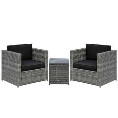 Outsunny 3-Piece Patio Wicker Bistro Set, Outdoor All-hand Weave PE Rattan Conservatory Garden Porch Furniture W/ Cushions & Coffee Table 6 Outsunny 3-Piece Patio Wicker Bistro Set, Outdoor All-hand Weave PE Rattan Conservatory Garden Porch Furniture W/ Cushions & Coffee Table - Image 6