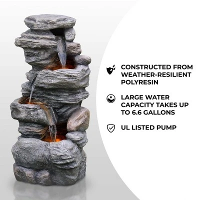 Teamson Home 39.37" Outdoor Faux Stone 4-Tier Water Fountain With LED, Gray 2 Teamson Home 39.37" Outdoor Faux Stone 4-Tier Water Fountain With LED, Gray - Image 2