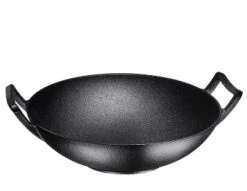 Bruntmor 14" Enameled Cast Iron Wok Nonstick Skillet Pan With Wooden Pot Lid Cover - Black