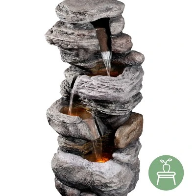 Teamson Home 39.37" Outdoor Faux Stone 4-Tier Water Fountain With LED, Gray 11 Teamson Home 39.37" Outdoor Faux Stone 4-Tier Water Fountain With LED, Gray - Image 11