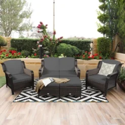 Costway 5PCS Patio Rattan Furniture Set Loveseat Sofa Ottoman W/RedWhite Cushion -Outdoor Garden Store GUEST 1017fb0f a287 481f a0e6 cd00fee6a02f