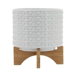 Sagebrook Home Dot Pattern Round Ceramic Planter Pot With Wood Stand White