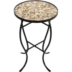 Teal Island Designs Modern Black Round Outdoor Accent Side Table 14" Wide Natural Mosaic Tabletop For Front Porch Patio Home House -Outdoor Garden Store GUEST 12307c3e 8e00 44ac a418 1c225185d8a4