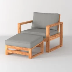 Galia 2pc Square Leg Acacia Wood Chair And Ottoman With Cushions - Brown - Saracina Home -Outdoor Garden Store GUEST 166ad4fe 8b58 4635 b854 caa776581feb