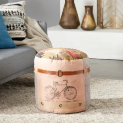 Cotton Pouf Featuring A Screenprinted Bicycle Illustration With Script - Olivia & May -Outdoor Garden Store GUEST 1819df16 a5fb 42c2 8ae8 f12b71e84687