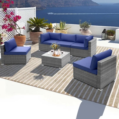 Costway 6 PCS Patio Conversation Sofa Set Outdoor Rattan Furniture Cushioned Seat Navy 1 Costway 6 PCS Patio Conversation Sofa Set Outdoor Rattan Furniture Cushioned Seat Navy