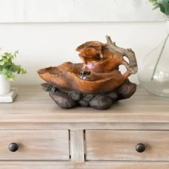 9" Resin Indoor Tabletop Tiered Leaf Fountain With LED Lights Brown - Alpine Corporation