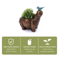 LuxenHome Brown Hippo And Blue Bird MgO Flower Pot Planter -Outdoor Garden Store GUEST 1a325c9b fa26 49cc b39d 096b964dc955