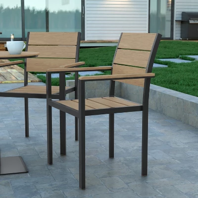 Emma And Oliver Outdoor Stacking Side Chair With Faux Teak Poly Slat Seat, Back And Arms And Metal Frame 1 Emma And Oliver Outdoor Stacking Side Chair With Faux Teak Poly Slat Seat, Back And Arms And Metal Frame