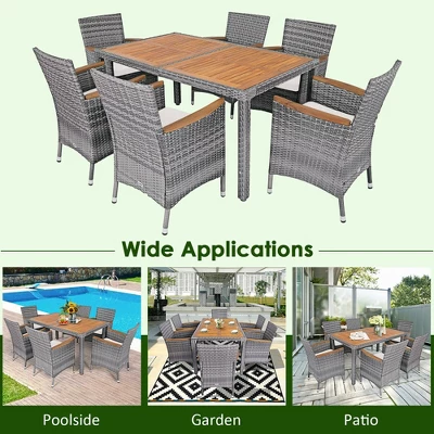 Costway 7PCS Patio Rattan Dining Set Acacia Wood Table Cushioned Chair Mix Gray 5 Costway 7PCS Patio Rattan Dining Set Acacia Wood Table Cushioned Chair Mix Gray - Image 5