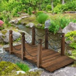 Costway 5 Ft Wooden Garden Bridge Arc Footbridge Stained Finish Walkway W/Rails -Outdoor Garden Store GUEST 1c13fdb1 ad9b 4e7e b1ab ccfd86616146
