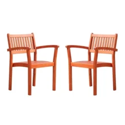 Azen 2pk Dylan Coastal Stackable Eucalyptus Hardwood Patio Arm Chairs Red Brown
