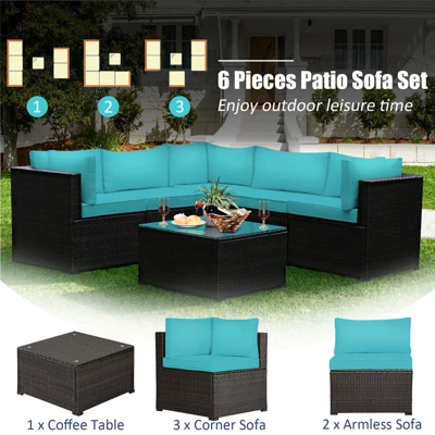 Tangkula 6 PCS Patio Rattan Furniture Set Outdoor Wicker Conversation Sofa Set W/Tempered Glass Coffee Table 7 Tangkula 6 PCS Patio Rattan Furniture Set Outdoor Wicker Conversation Sofa Set W/Tempered Glass Coffee Table - Image 7