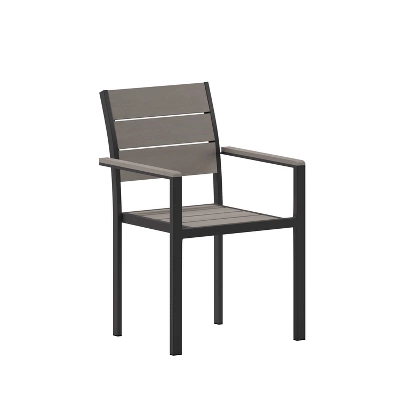 Emma And Oliver Outdoor Stacking Side Chair With Faux Teak Poly Slat Seat, Back And Arms And Metal Frame 12 Emma And Oliver Outdoor Stacking Side Chair With Faux Teak Poly Slat Seat, Back And Arms And Metal Frame - Image 12