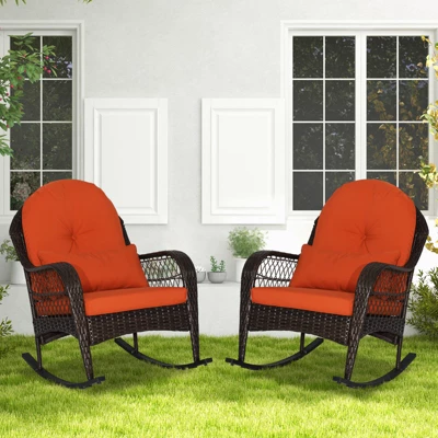 Costway 2PCS Patio Wicker Rocking Chair W/Seat Back Cushions & Lumbar Pillow Balcony 10 Costway 2PCS Patio Wicker Rocking Chair W/Seat Back Cushions & Lumbar Pillow Balcony - Image 10