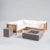 Oana 7pc Acacia V-Shaped Sectional Sofa Set With Fire Pit - Teak/Beige/Light Gray - Christopher Knight Home