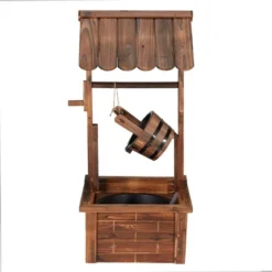 JOMEED Outdoor Decorative Rustic Farmhouse Wooden Wishing Well Water Fountain With Adjustable Flow Rate And 120 Volt Pump, Natural Carbonized Finish