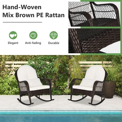 Costway 2PCS Patio Wicker Rocking Chair W/Seat Back Cushions & Lumbar Pillow Balcony 2 Costway 2PCS Patio Wicker Rocking Chair W/Seat Back Cushions & Lumbar Pillow Balcony - Image 2