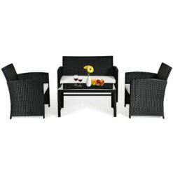 Costway 4PCS Patio Rattan Wicker Furniture Conversation Set Cushioned Sofa Table