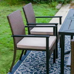 7pc Outdoor Dining Set With Rectangular Steel Table With 1.9" Umbrella Hole & Rattan Wicker Chairs With Cushions - Beige - Captiva Designs -Outdoor Garden Store GUEST 24eb0d43 cf5d 4a94 a7be 05442b552ec6