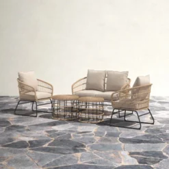 Barton 5PCS Outdoor Patio Sets Rattan Chairs With 2-Side-Table Sofa Cushion Seating (Beige)