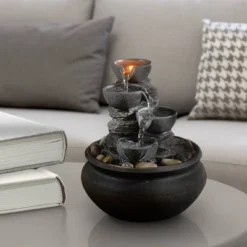 5.9" Tabletop Indoor/Outdoor Waterfall Fountain With LED Light - Stone - Teamson Home