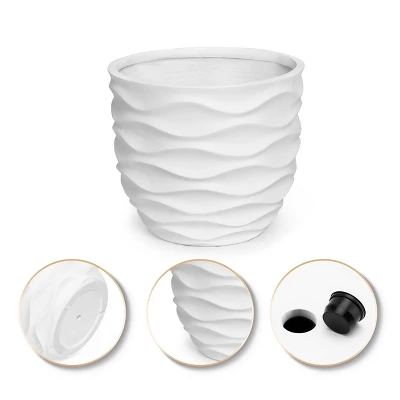 LuxenHome White MgO 11.6-Inch H Waves Round Planter 4 LuxenHome White MgO 11.6-Inch H Waves Round Planter - Image 4