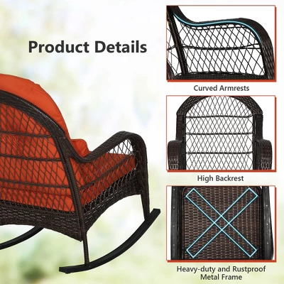Costway 2PCS Patio Wicker Rocking Chair W/Seat Back Cushions & Lumbar Pillow Balcony 8 Costway 2PCS Patio Wicker Rocking Chair W/Seat Back Cushions & Lumbar Pillow Balcony - Image 8