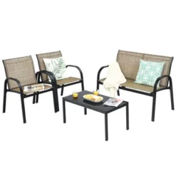 Costway 4 PCS Patio Furniture Set Sofa Coffee Table Steel Frame Garden Brown -Outdoor Garden Store GUEST 31daee7e 887a 4cc6 91de ed4092a7882b