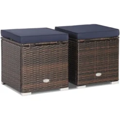 Costway 2PCS Patio Rattan Ottomans Seat Side Table Storage Box Footstool W/Cushions Navy -Outdoor Garden Store GUEST 32e29e89 3473 438b a2f9 5365c3419743