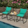 Costway 3PCS Patio Rattan Bistro Set Cushioned Chair Glass Table Deck WhiteTurquoise