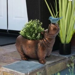 LuxenHome Brown Hippo And Blue Bird MgO Flower Pot Planter -Outdoor Garden Store GUEST 39372e80 0ec2 480c b762 d136c25445ec