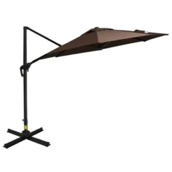 Outsunny 9.8' Offset Patio Umbrella With Base, Steel Aluminum Cantilever Umbrella With 360-degree Rotation, Tilt, 8 Ribs, Crank, Cross Base, Coffee -Outdoor Garden Store GUEST 397f6a93 9e66 420a 9ee9 66bf50faa643