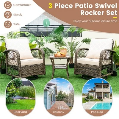 Costway Patio 3PCS Wicker Swivel Rocker Set 2 Rocking Chairs 360 Degrees With Coffee Table 8 Costway Patio 3PCS Wicker Swivel Rocker Set 2 Rocking Chairs 360 Degrees With Coffee Table - Image 8