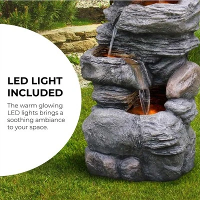 Teamson Home 39.37" Outdoor Faux Stone 4-Tier Water Fountain With LED, Gray 3 Teamson Home 39.37" Outdoor Faux Stone 4-Tier Water Fountain With LED, Gray - Image 3