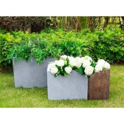 Set Of 2 Rectangular Concrete/Fiberglass Elegant Indoor/Outdoor Planters Timber Ridge - Rosemead Home & Garden, Inc.