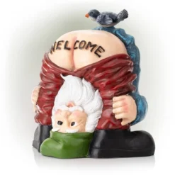 22" Mooning "Welcome" Gnome With Bird Polyresin Statue Outdoor - Alpine Corporation -Outdoor Garden Store GUEST 44bf4988 7568 4020 aa2d 699adb31b457