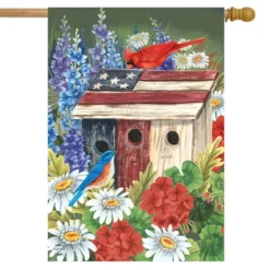 Briarwood Lane Patriotic Gathering Spring House Flag Birdhouse Floral Cardinal 28" X 40"