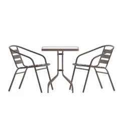 Emma And Oliver 23.5'' Square Glass Top Metal Table With 2 Aluminum Slat Stack Chairs -Outdoor Garden Store GUEST 47995460 7dae 4a35 a2f0 92a34a022bc7