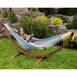 The Hamptons Collection 102” Blue And Green Striped Brazilian Style Hammock With Stand -Outdoor Garden Store GUEST 487eba92 da0a 4fe3 a91b fcc7dc2954a0