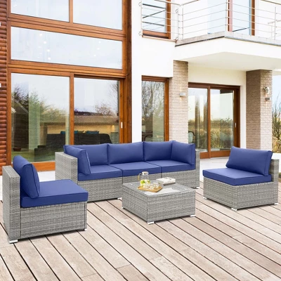 Costway 6 PCS Patio Conversation Sofa Set Outdoor Rattan Furniture Cushioned Seat Navy 2 Costway 6 PCS Patio Conversation Sofa Set Outdoor Rattan Furniture Cushioned Seat Navy - Image 2